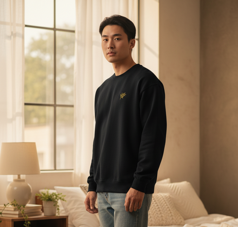 Man standing in a bedroom wearing a black sweater with a logo and light blue jeans.